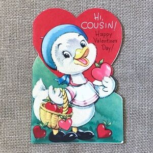 Vintage Used Happy Duck Valentines Day Card For Cousin Kitsch Whimsical Ephemera